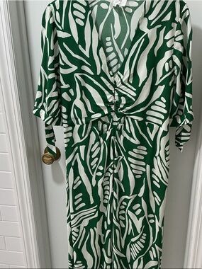 ba&sh Green and White Abstract Twist-Front Midi Dress